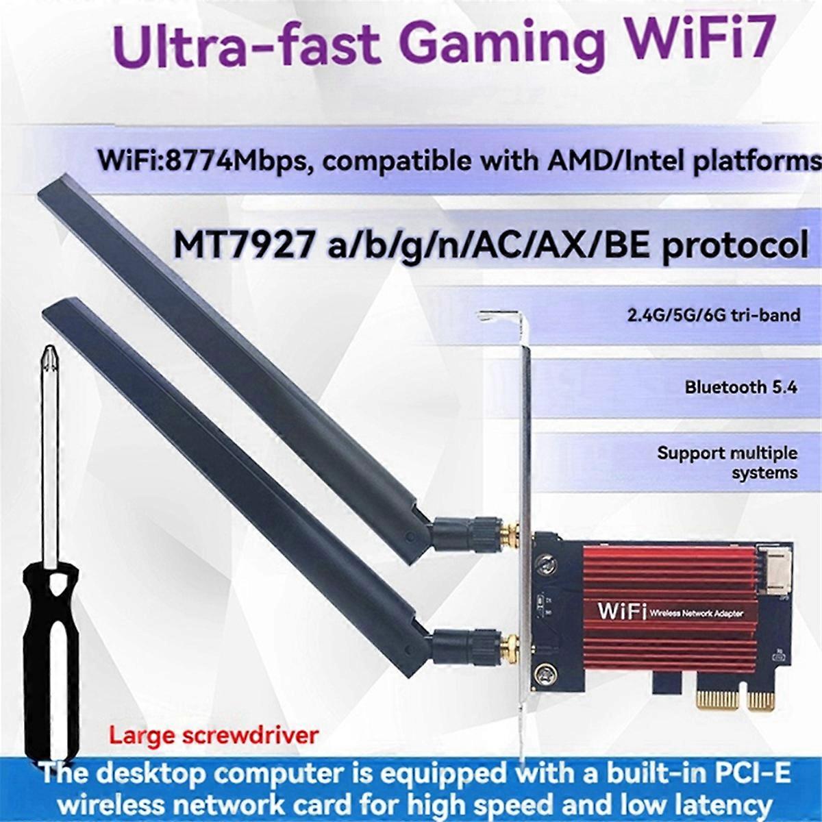 MT7927 WiFi7 Card+10dB Antenna Tri-Band 2.4G/5G/6G 8774M Wireless PCI-E Adapter Bluetooth 5.4 Desktop Network WiFi Card