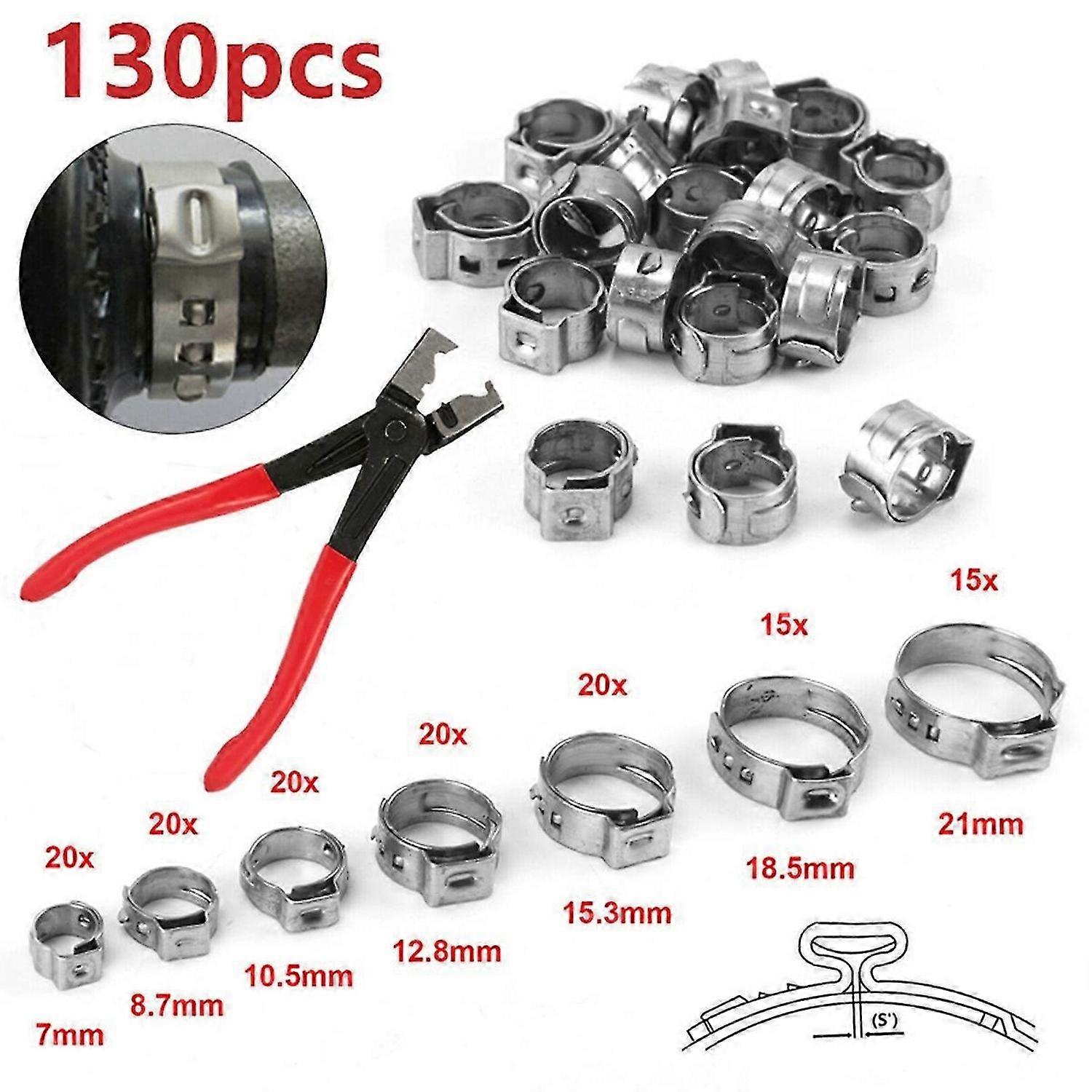 130Pcs Single Ear Stepless Hose Clamps Set