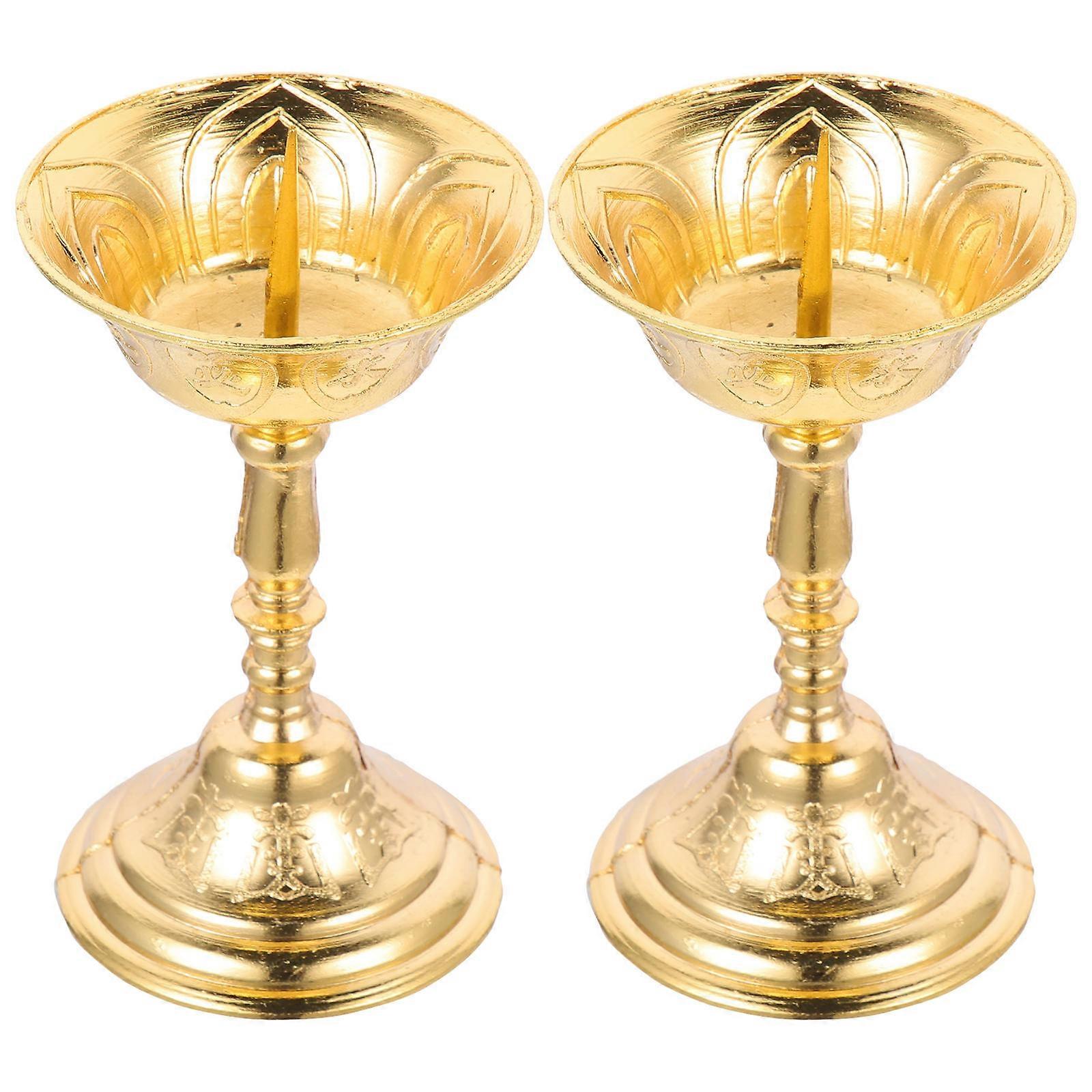 Religious Candleholder Lotus-Pattern Altar Use Golden Alloy Support 2Pcs