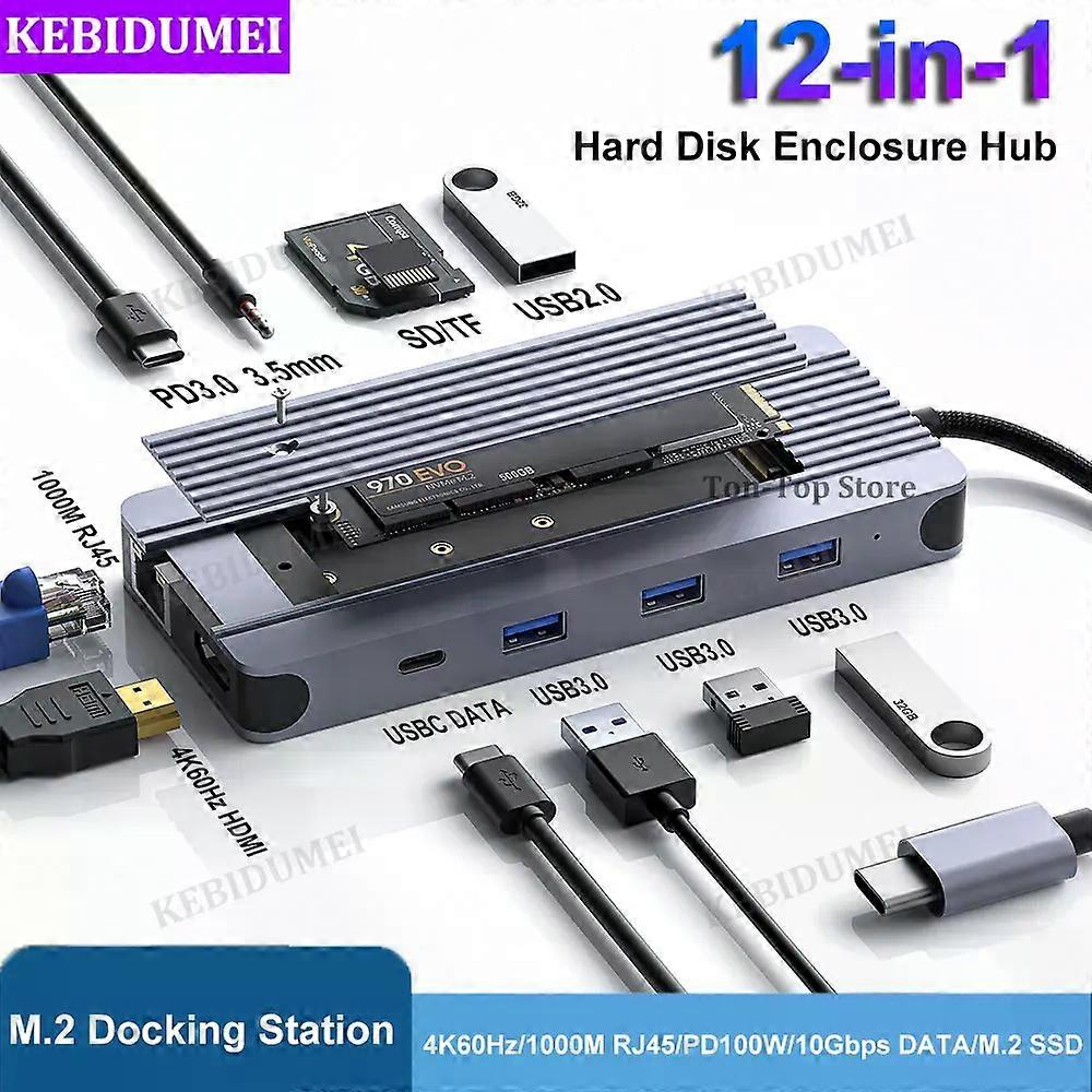 12-in-1 USB C Docking Station M.2 SSD Enclosure USB C HUB TYPE C to HDMI Adapter 4K60Hz 1000Mbps PD100W USB3.0 5Gbps For Macbook