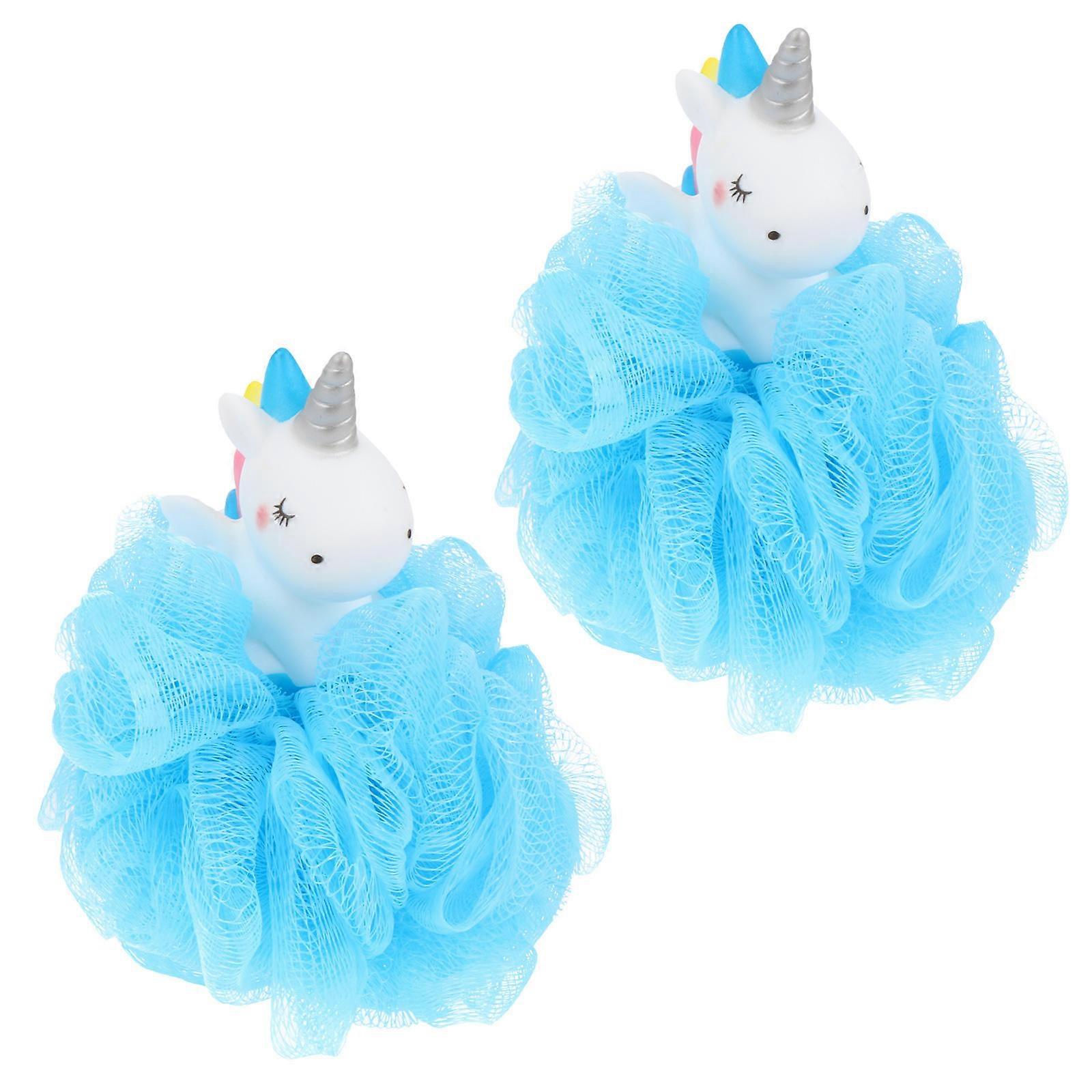 Shower Mesh Ball Bath Poufs Round Shape Blue Color 14x11cm Skin Cleansing 2Set