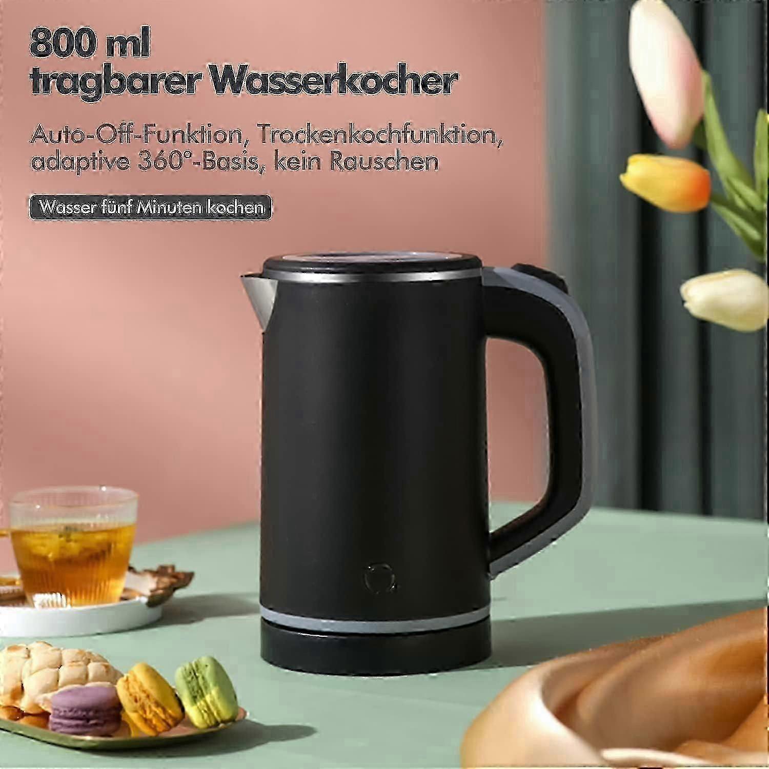 Vattenkokare i rostfritt stål, miniresekokare för 0,8 liter, 600 watt vattenkokare, dubbelväggsdesign, överhettningsskydd, snabbkokningsfunktion, quie