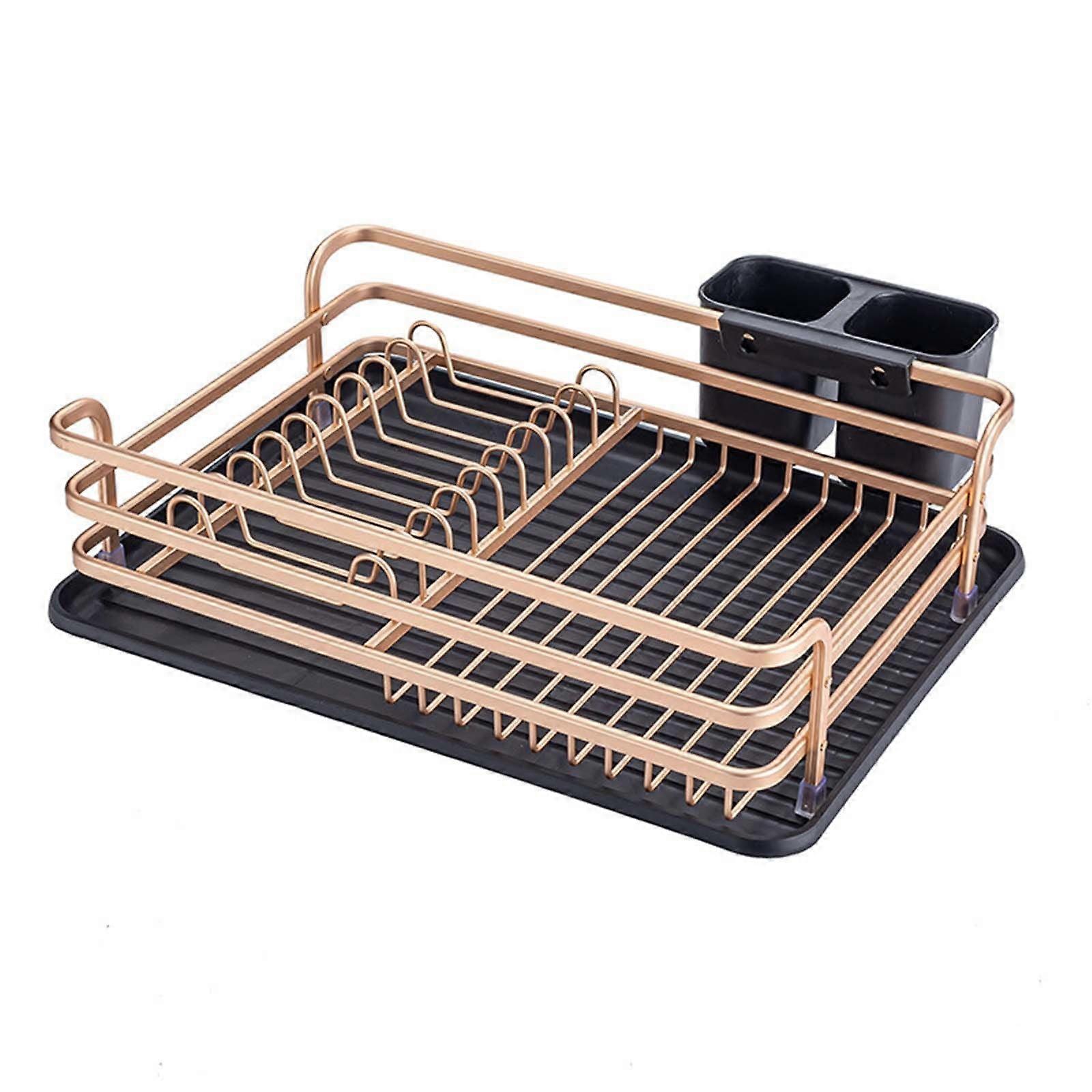 Égouttoir à vaisselle NAZISHW en aluminium, antirouille, avec porte-couverts et plateau égouttoir amovible, couleur or rose.