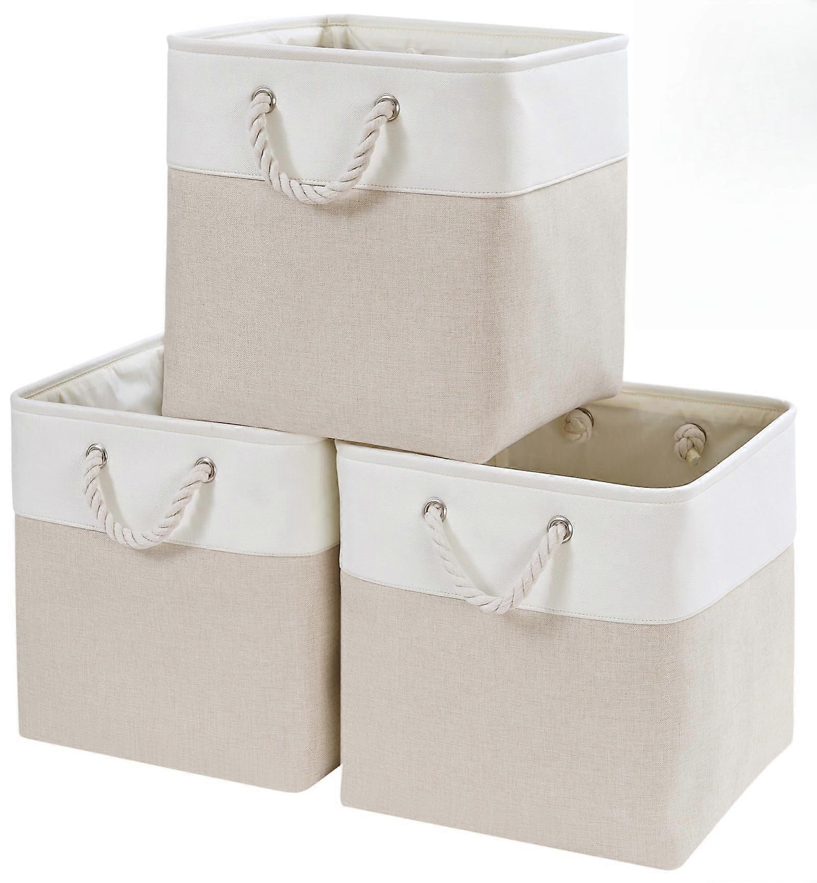 Fabric Storage Boxes 25x25x25cm Cube For Clothes Organization, Shelf, Nursery, Home Closet, Light Beige White, Set Of 3