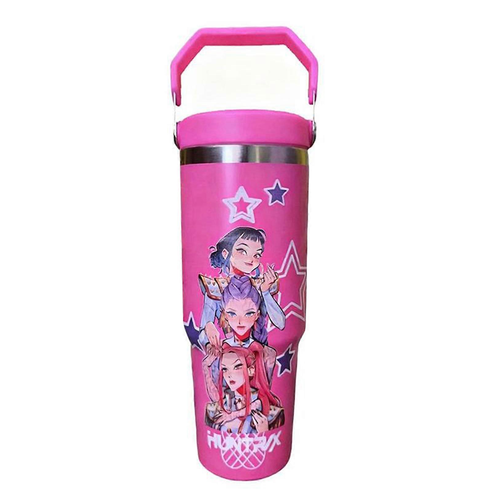 Gobelet isotherme K-Pop Demon Hunter avec paille et poignée, 890 ml (30 oz), en acier inoxydable, style Huntrix, pour les enfants fans du groupe d'idoles K-Pop Demon Hunter.