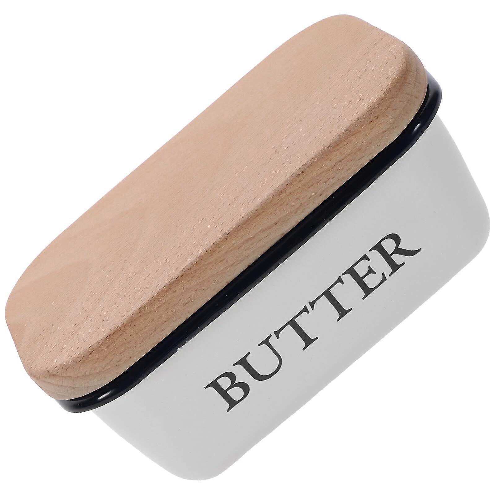 Butter Dish with Wooden Lid Airtight Enamel Container Keeps Butter Fresh for Kitchen Countertop