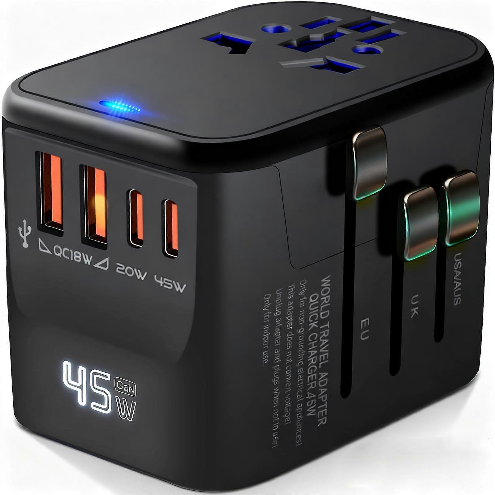 45W GaN Universal Travel Adapter with 5Port Fast Charging Worldwide Plug for US EU UK AUS Asia