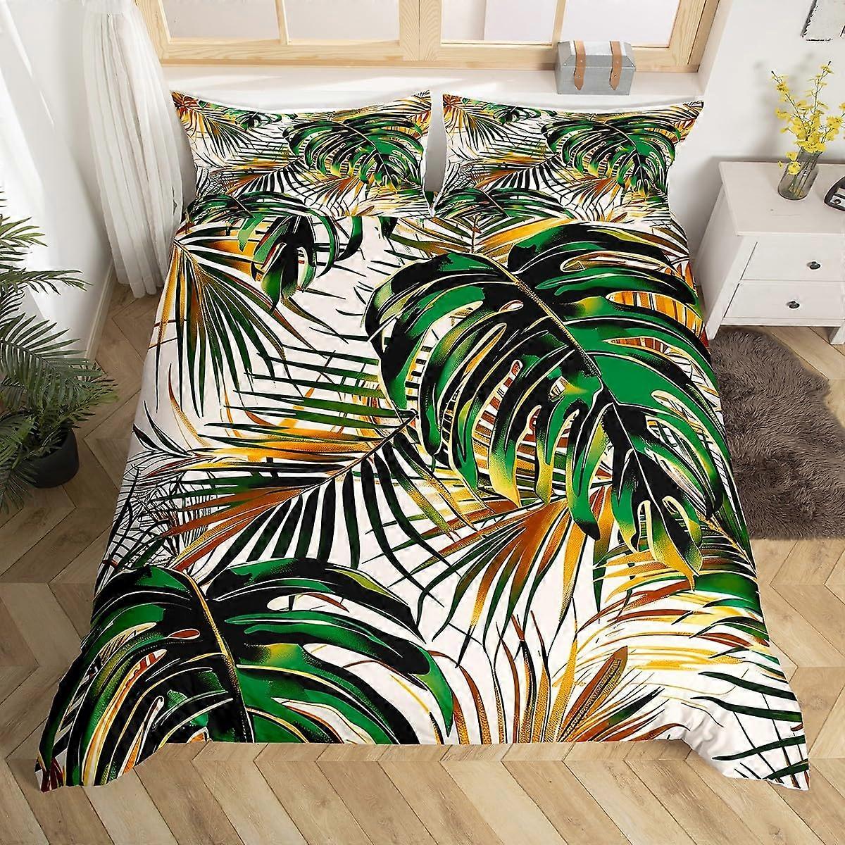 Queen Size Botanical Duvet Cover Set with Vibrant Leaf Design Ultra Soft Breathable Bedding