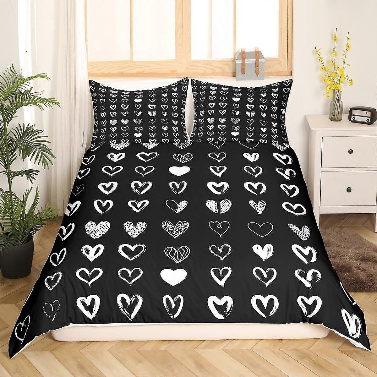 King Size Duvet Cover Set with Pillowcases Romantic Love Pattern Soft Touch Black and White Bedding
