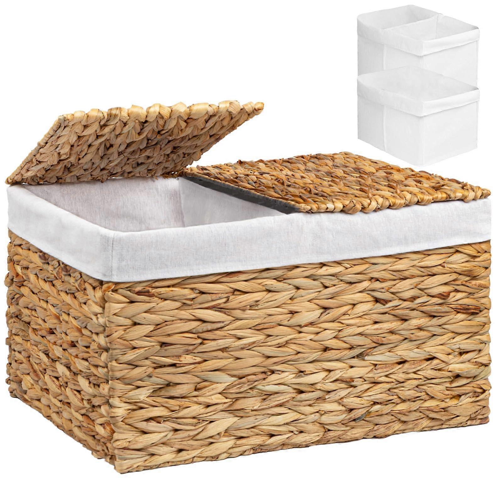 Large Wicker Storage Basket 105L with Dual Lids, Foldable Water Hyacinth Bin for Laundry and Blankets