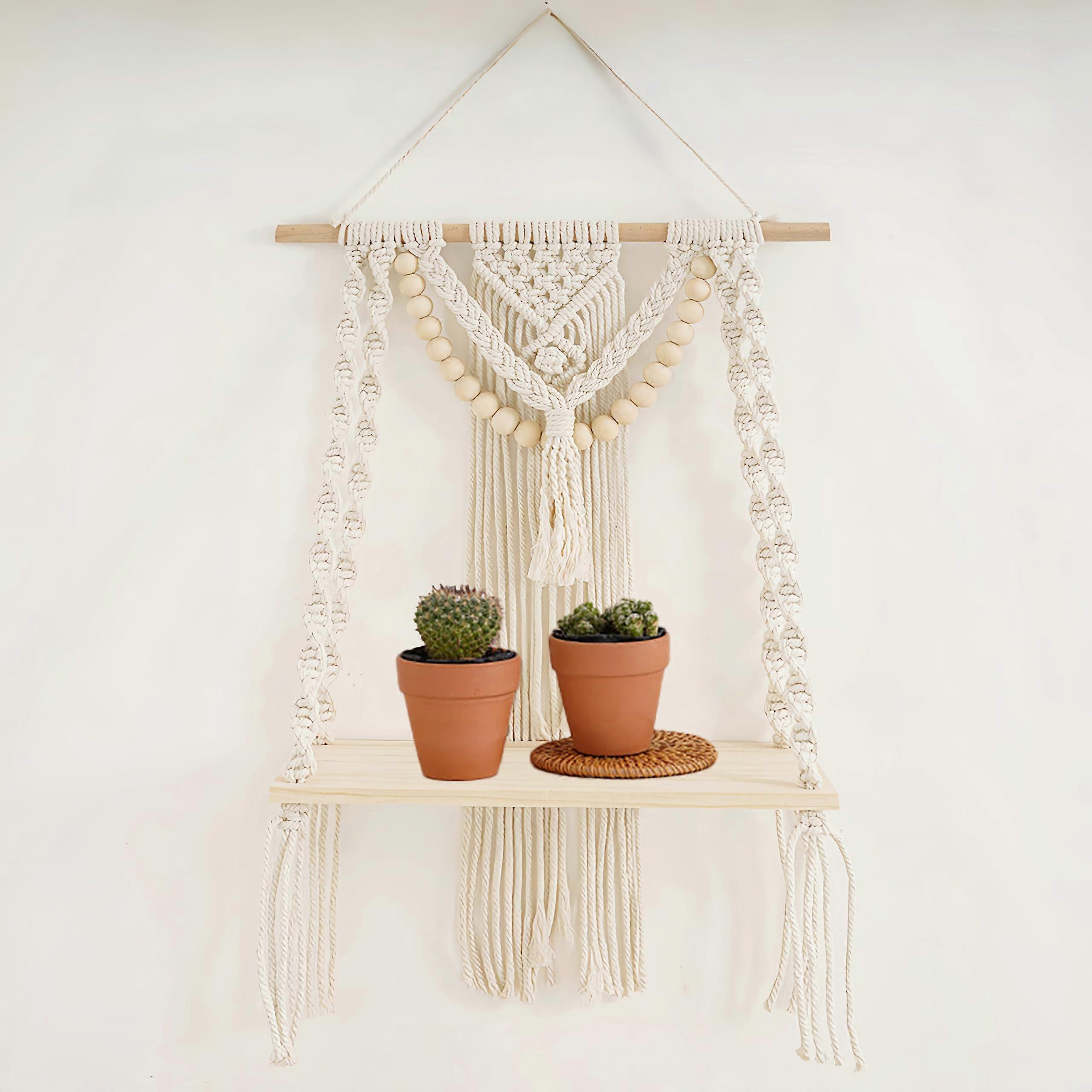 Floating Shelves with Boho Rope Design, No Drill Wall Mount, Handmade Rustic Wood Storage