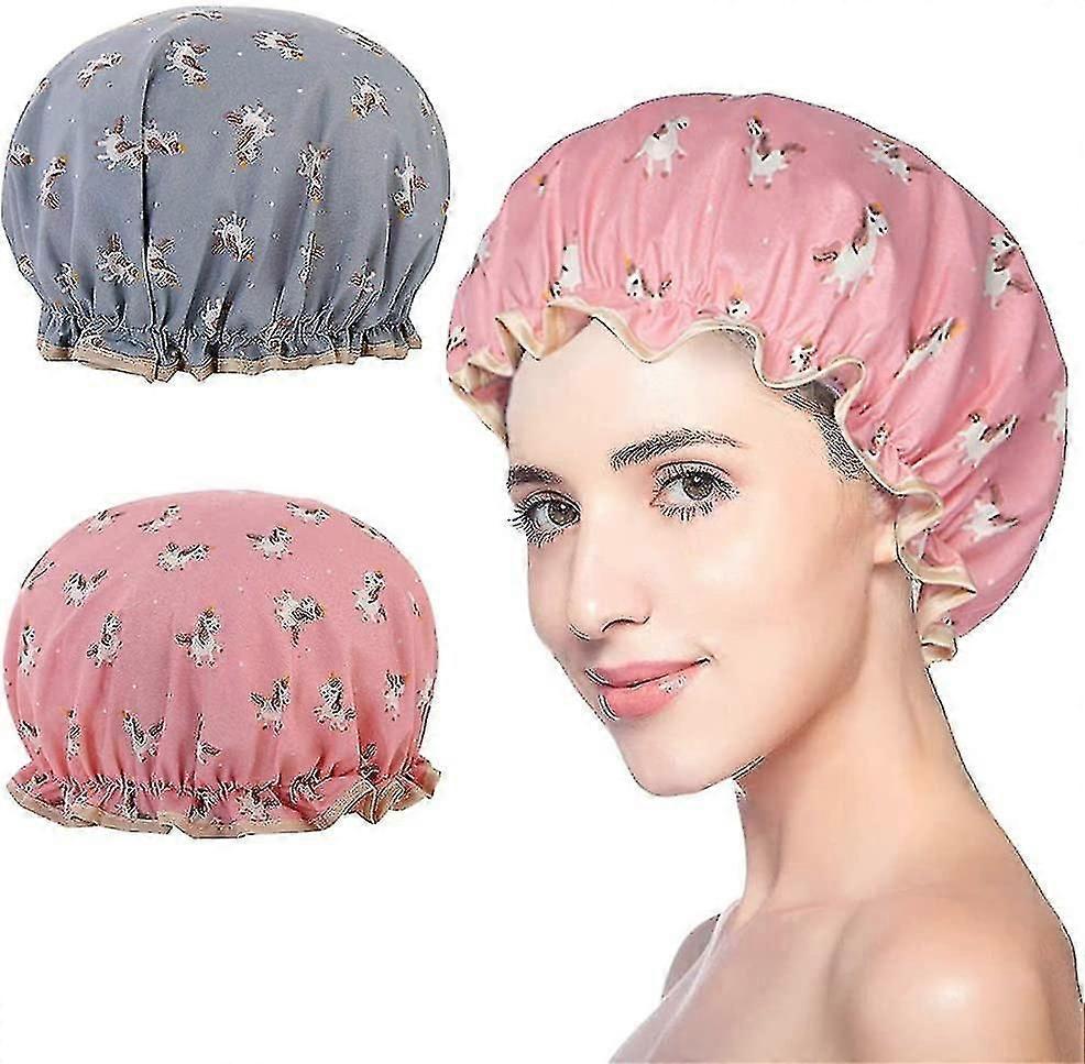 2 Piece Shower Cap, Waterproof Elastic Bathing Cap Double Layer Reusable Hat