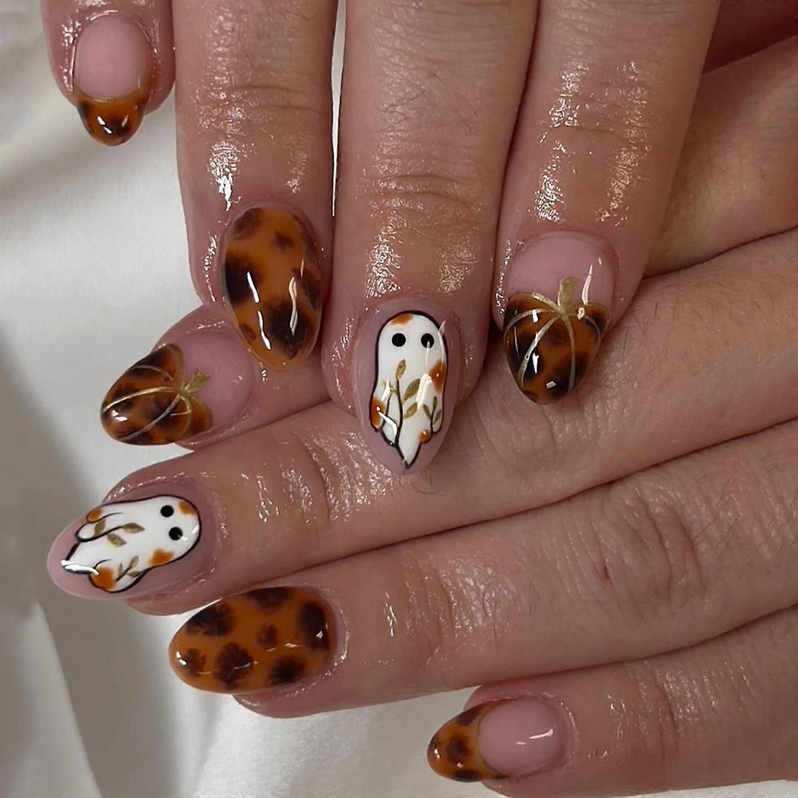Halloween Press On Nails French Tip Medium Almond False Nails Leopard Pumpkin Ghost Design 24Pcs