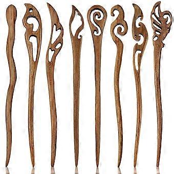 8 pièces bâtons de cheveux en bois Épingle à cheveux en bois rétro Baguettes à cheveux vintage chinoises Bâton à cheveux sculpté à la main Épingle à cheveux en bois de santal brun pour les femmes Bun Chi