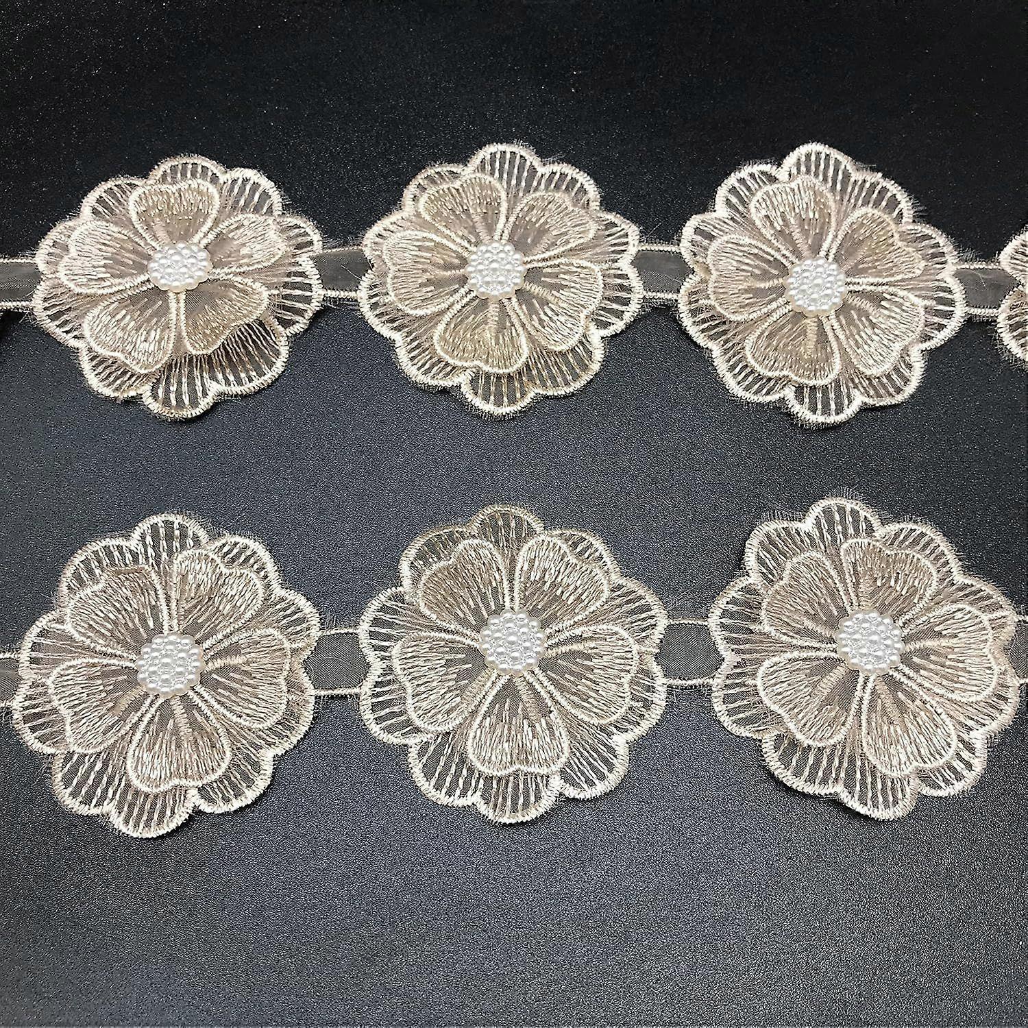 Conjunto de 10 fitas de renda bordadas com flores em chiffon e pérolas douradas, 6,35 cm (2,5 polegadas)