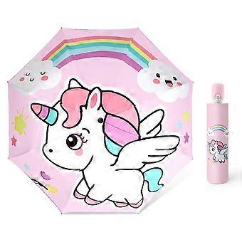 Guarda-chuva infantil unicórnio dobrável automático em 3 partes, estrutura leve de alumínio com proteção UV, tecido pongee impermeável para sol, chuva e vento. Portátil.