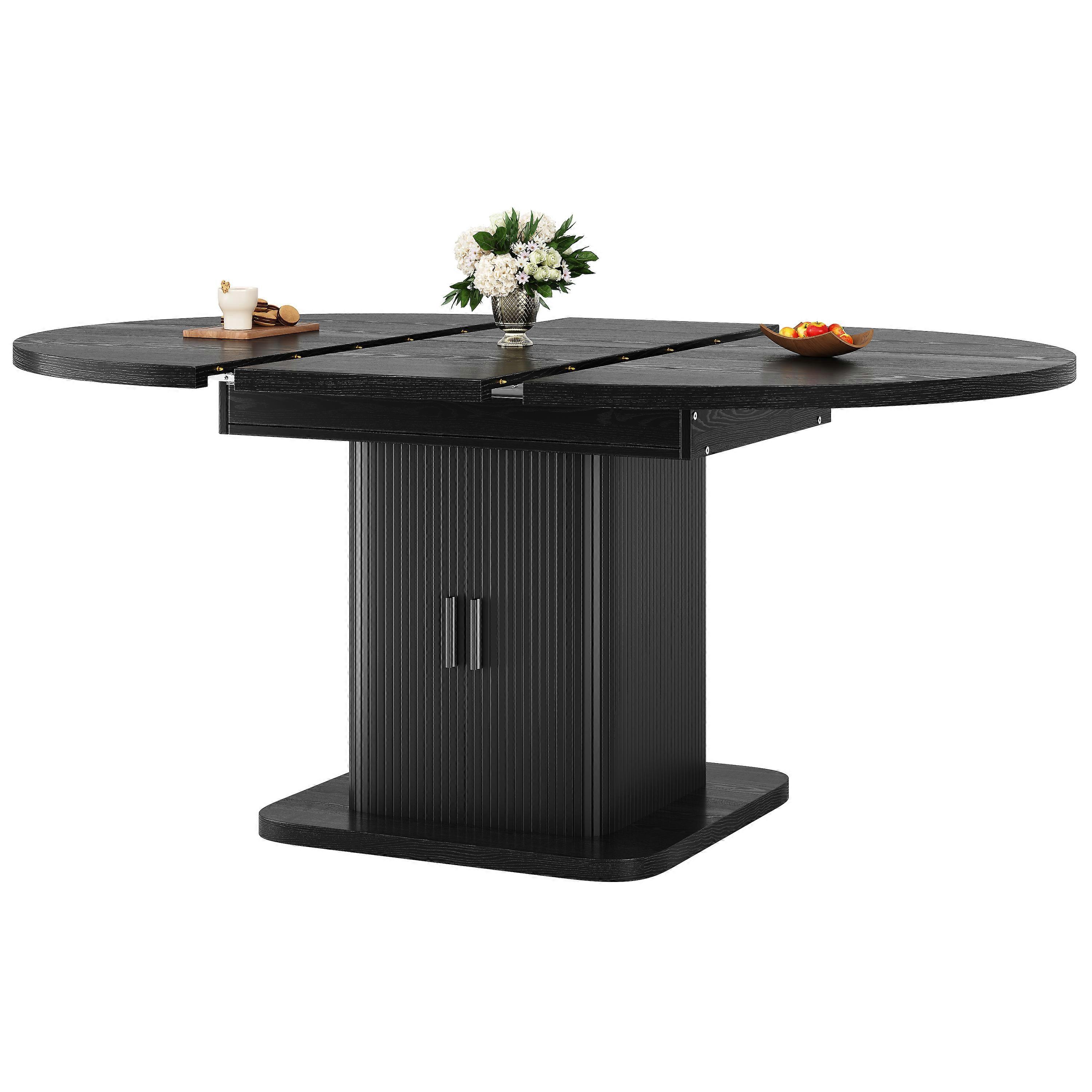 Extendable Oval Dining Table with Storage Cabinet Base 110-150cm Black