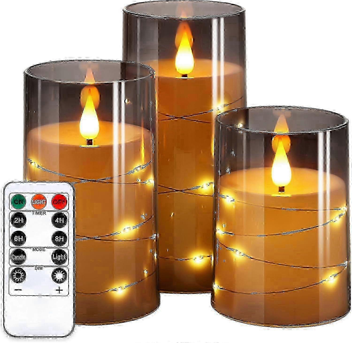 Flameless LED Candles with Remote, Timer, Star Lights - 3 Pack Gray