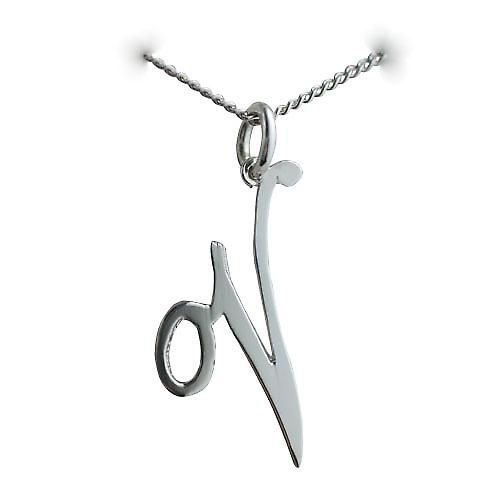 Silver 26x23mm plain Palace script Initial V Pendant with a curb Chain 24 inches