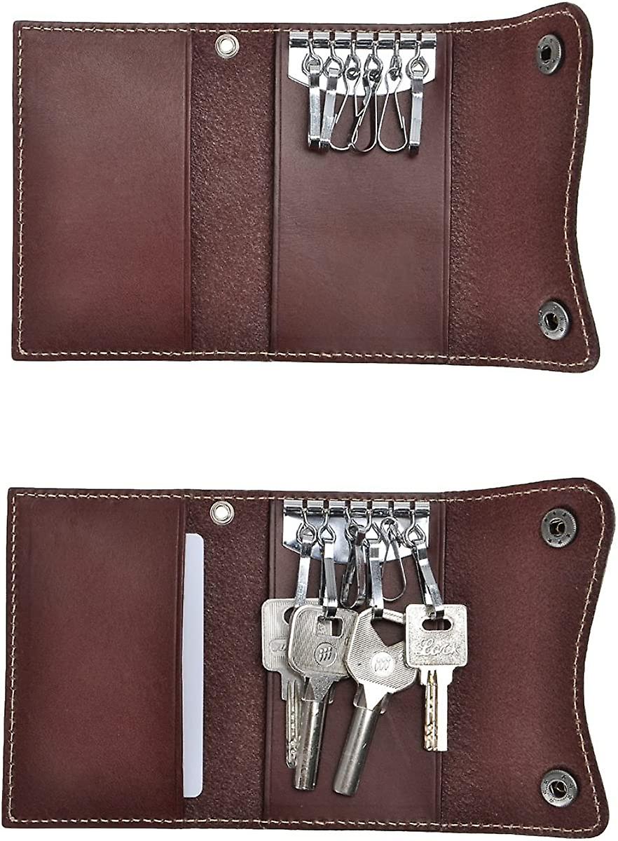 Genuine Leather Keychain Key Wallet 6 Hook Button Closure Key Holder ...
