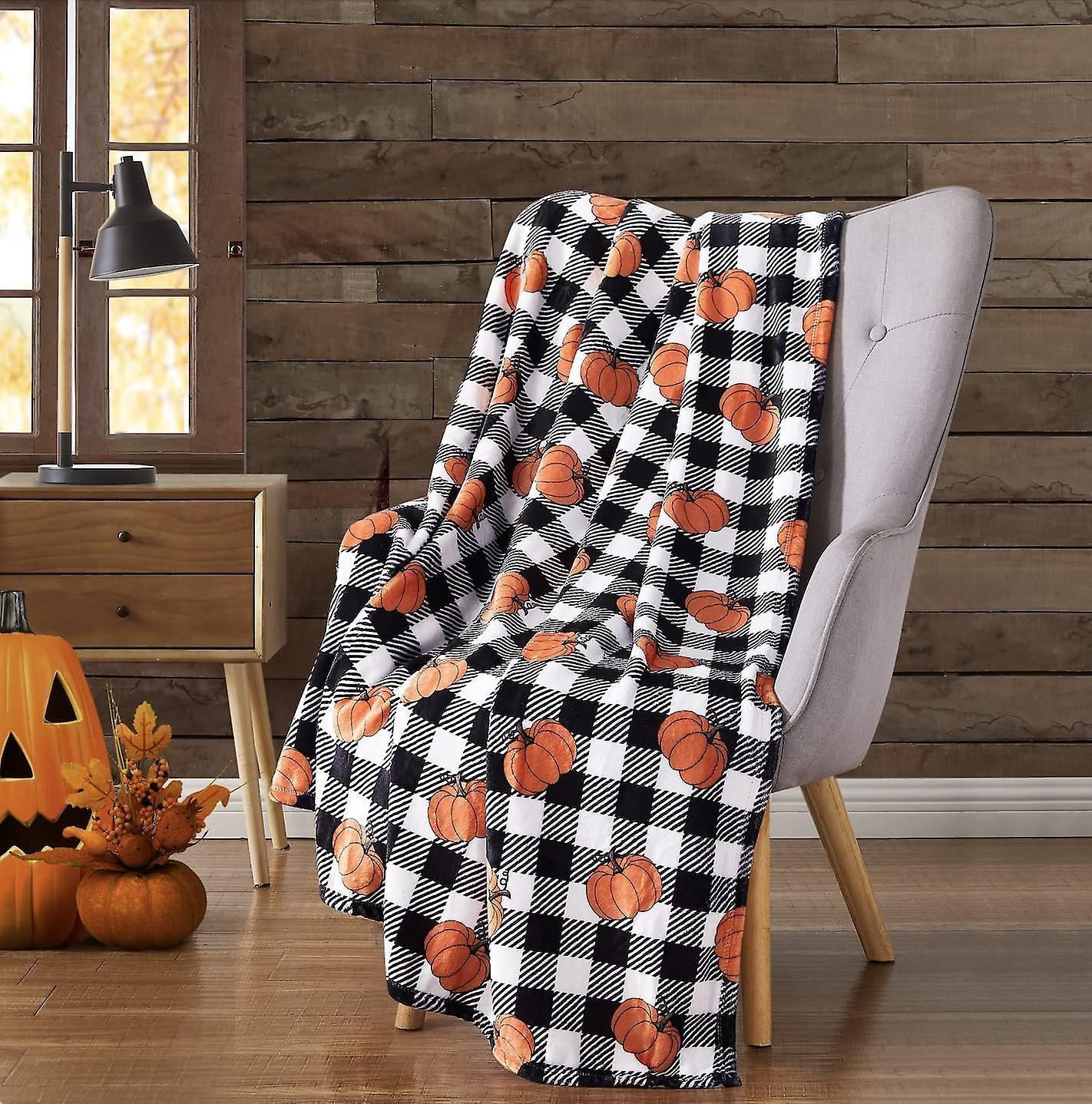 Halloween Home Decor Fleece Throw Blanket: Black White Gingham Check With Pumpkins Design On Soft Velvet Throw Blanket Taille: 60 « X 50 »