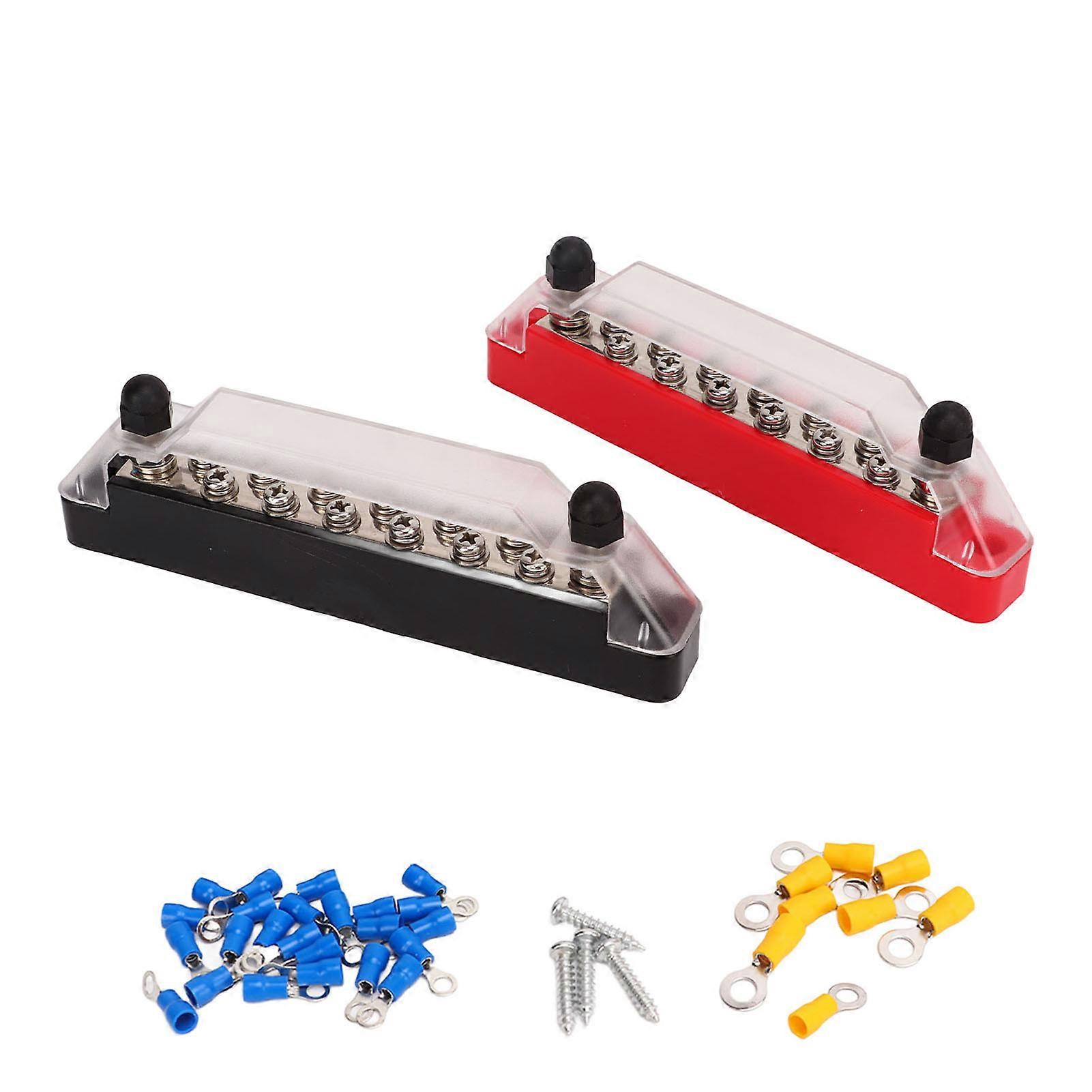 2 Pcs 14 Post Power Distribution Block Bus Bar Set 2xM6 Post 12xM4 Screw Battery Terminal Box with Cover With 32 Terminals