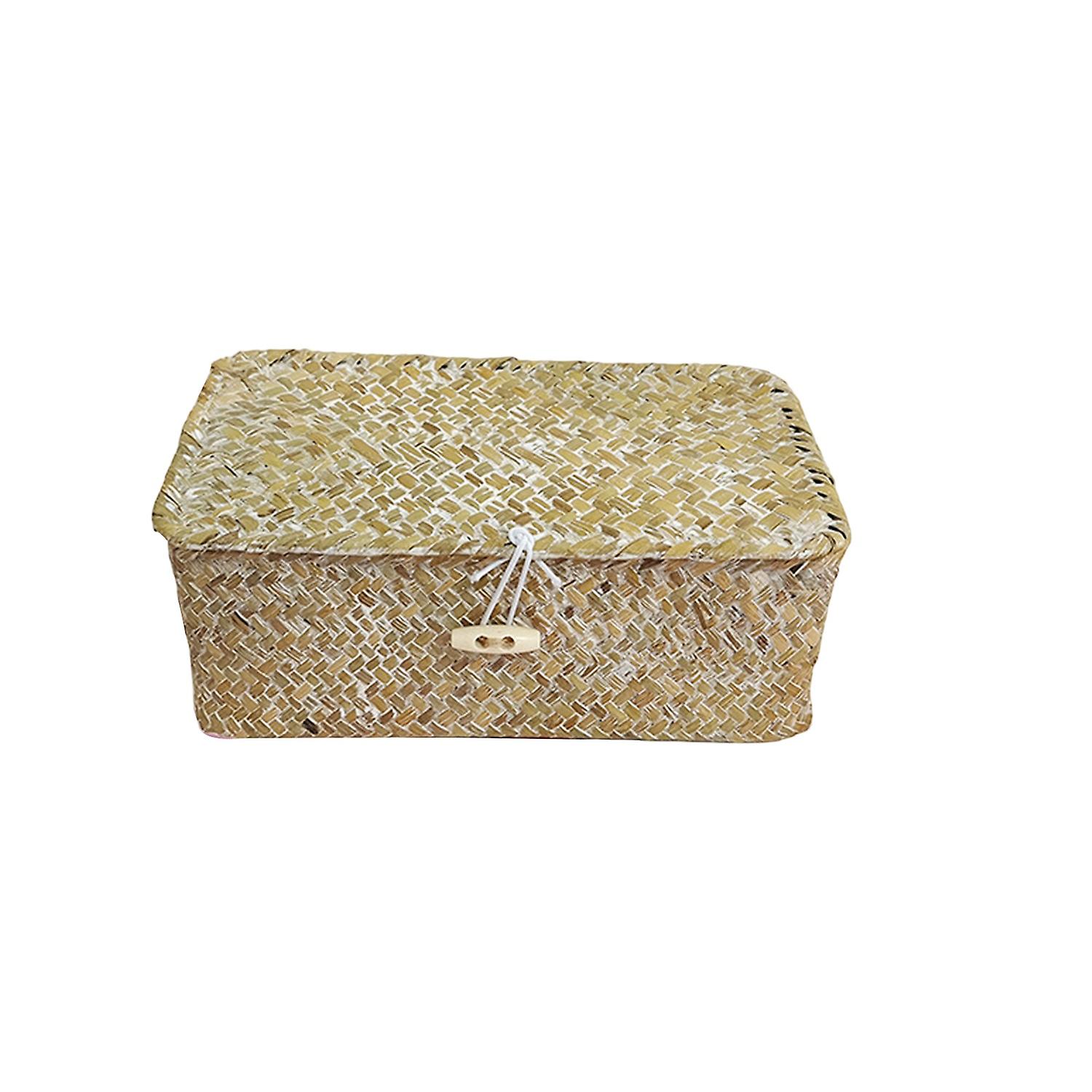 Storage Box Large Capacity Decorative with Lid Rectangle Vintage Handmade Rattan Snack Cosmetics Org