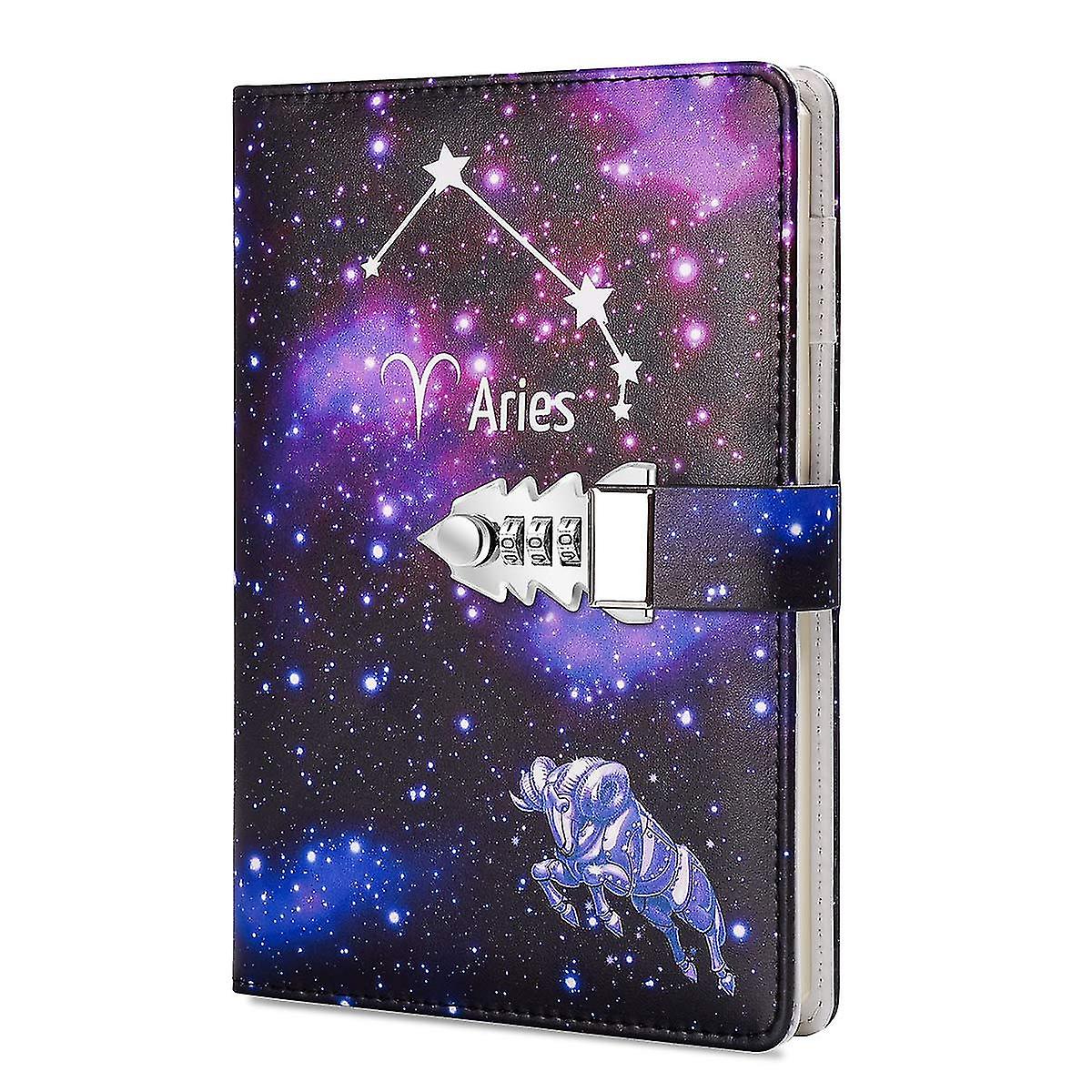 A5 Creative Password Lock Journal Pu Leather Combination Lock Diary Locking Notepad (aries)