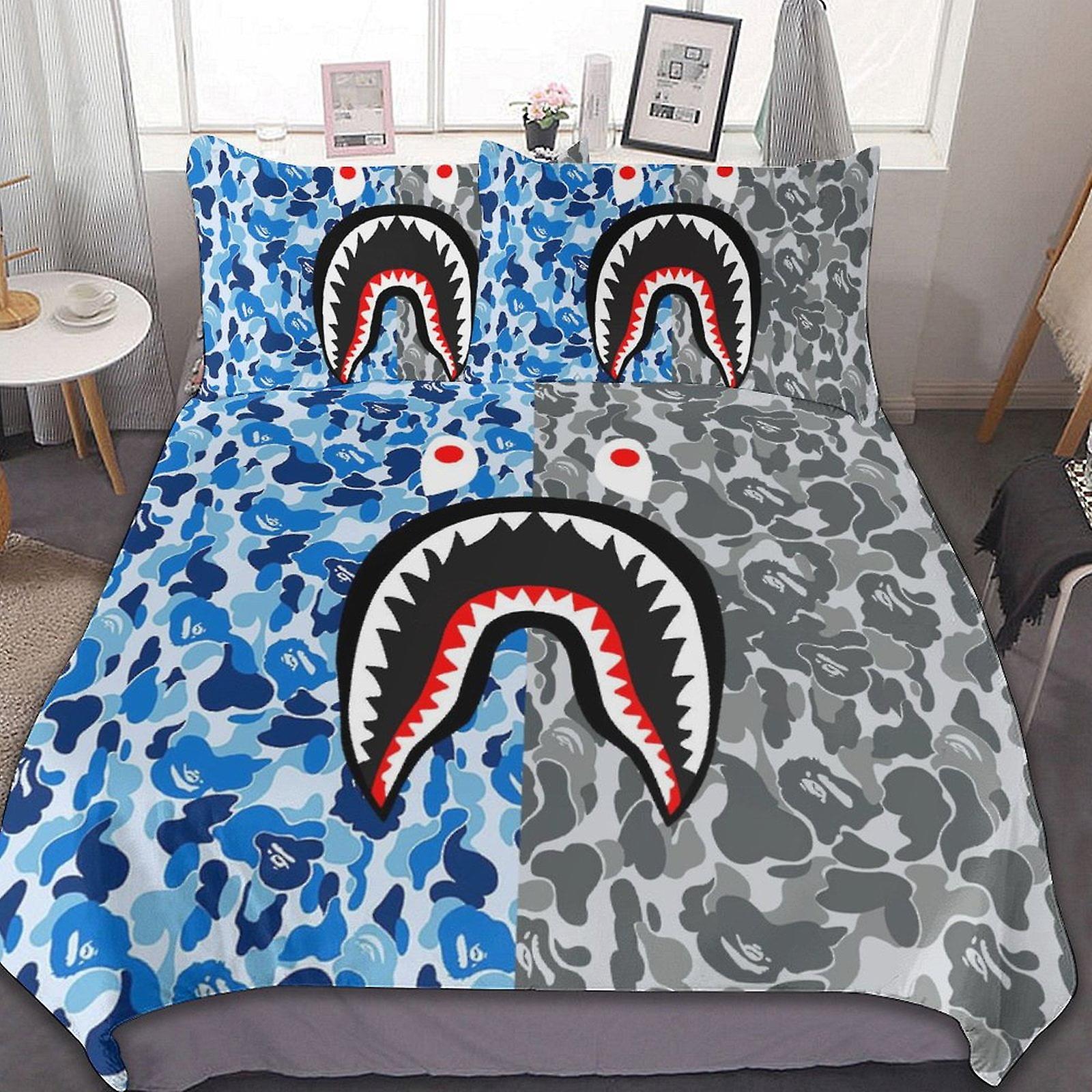 BAPE Shark Säng Påslakan Mikrofiber Sängkläder Uppsättningar 3D-tryckta lätta 3-delade täcken, 1 påslakan och 2 kuddfodral för barn pojkar flickor