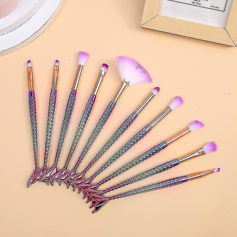 10pcs Mermaid Makeup Brushes Set With Storage Bag For Blush Foundation And Soft