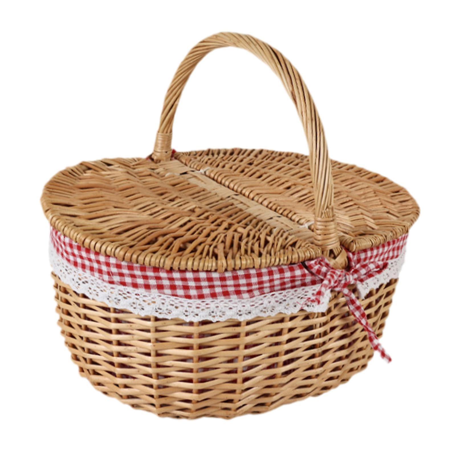 Wicker Picnic Basket Rattan Storage Serving Basket for Beach Camping Parties Small Red White