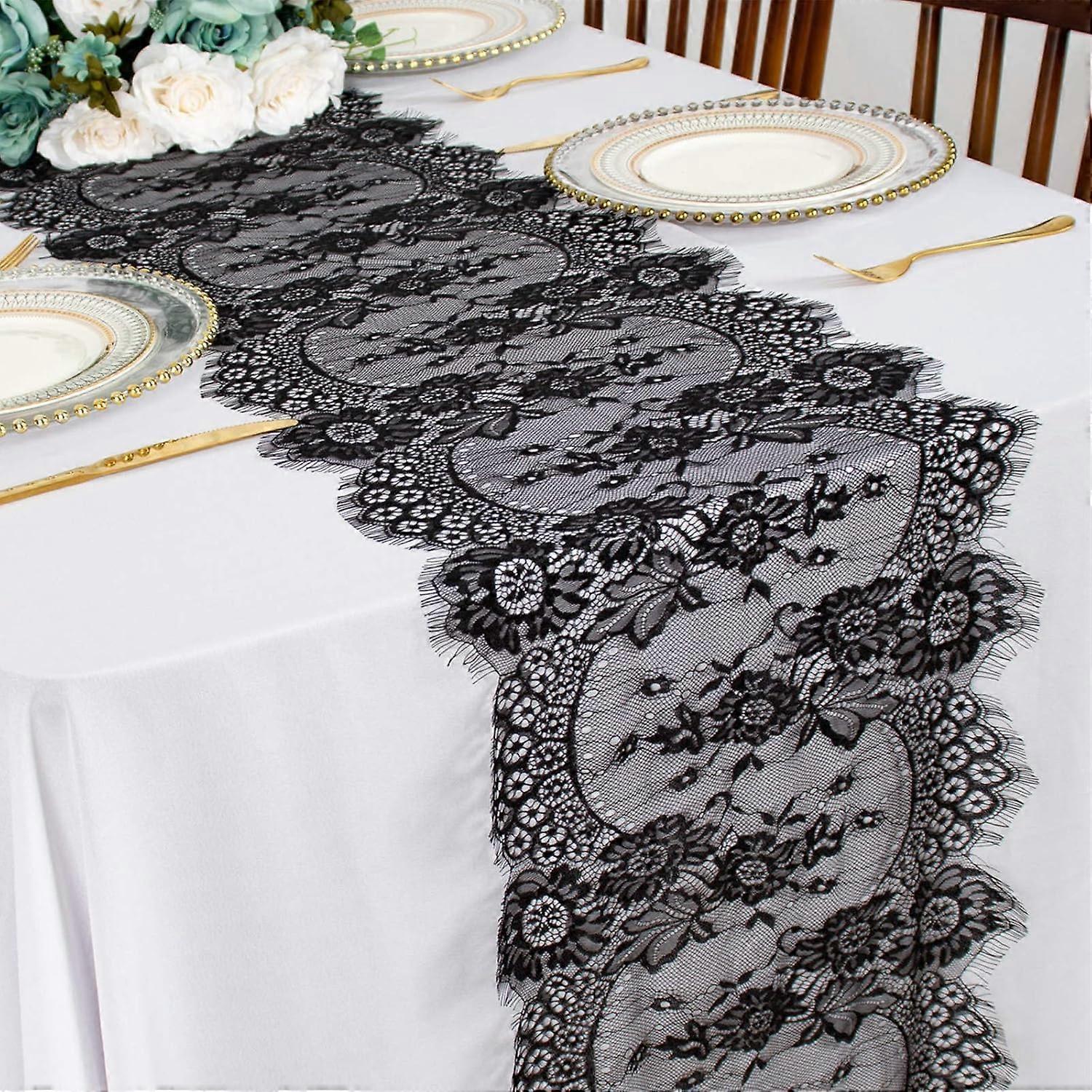 Black Lace Table Runner - 34 x 300 cm - Small Linen Table Runner - Bohemian Rustic Style