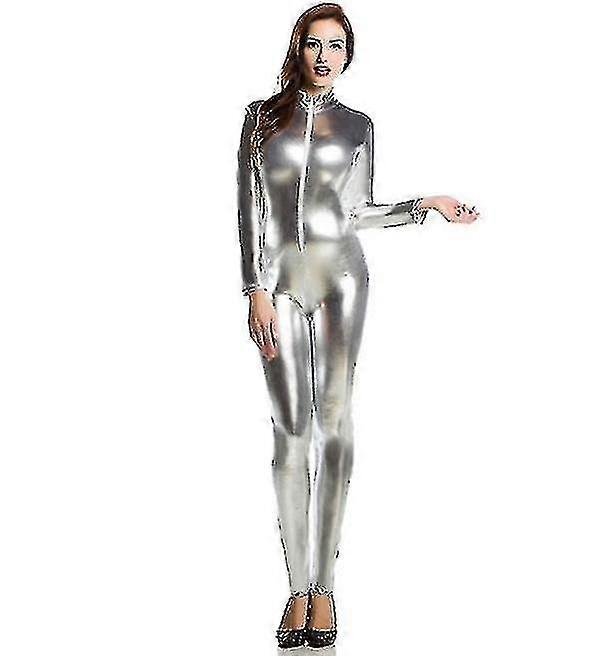 Bayan Metalik Catsuit Bodysuit Parlak Tek Parça Tulum