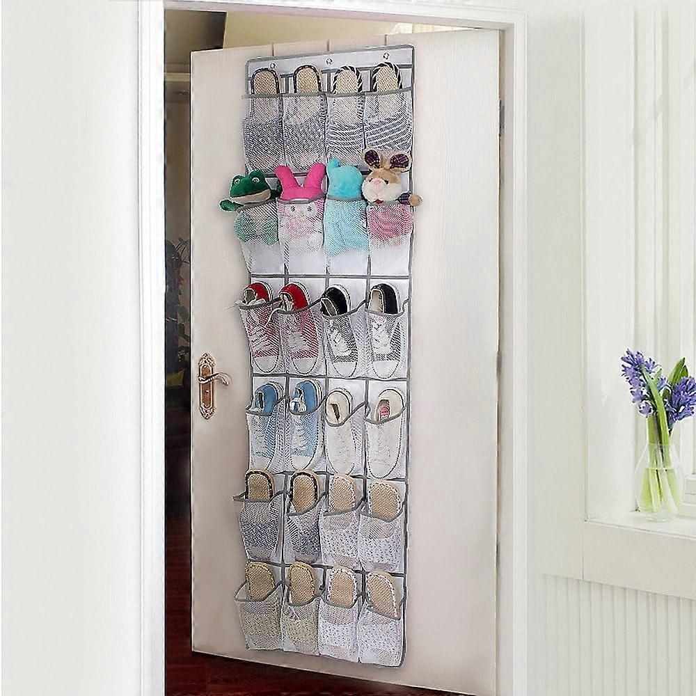 Nylon Mesh Hanging Shoe Storage Bag With Hooks 24 Pockets White