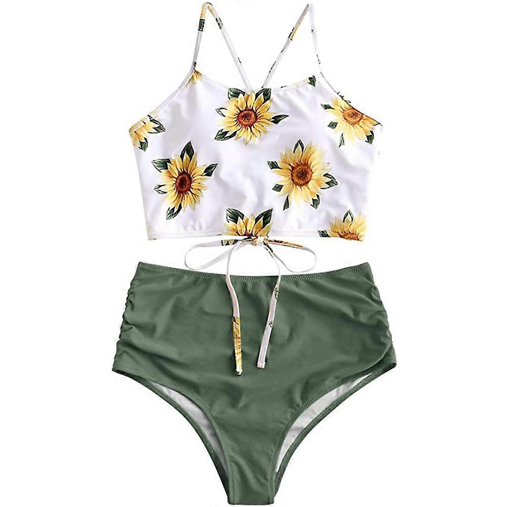 Női levélnyomtatás csipke fel ruched magas derekú Tankini set fürdőruha