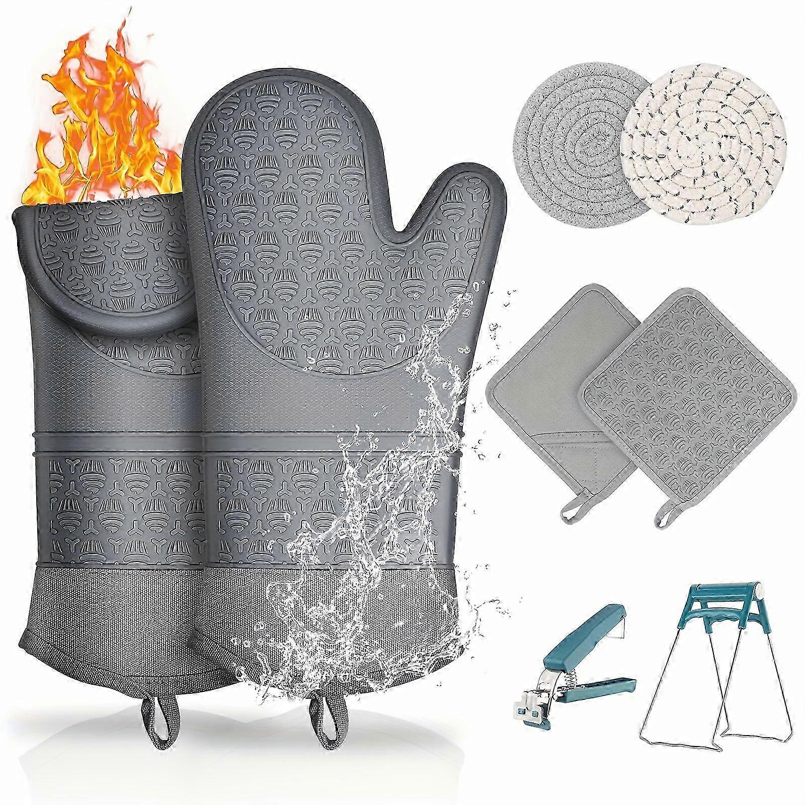 8 Stück, Ofenhandschuhe Set, einschließlich 2 Stück Handschuhe + 2 Stück Topfpads + 2 Stück Untersetzer + 2 Stück Topflappen, hitzebeständige rutschfeste wasserdichte Backisolierhandschuhe