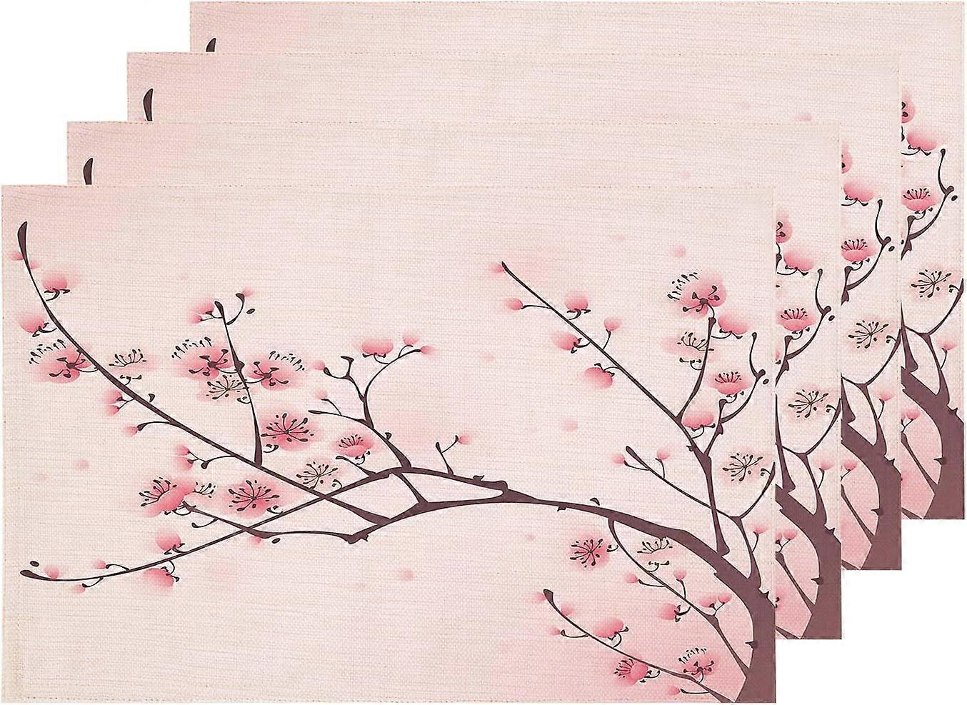 Pink Japaness Cherry Placemats, Chinese Plum Branch Table Mat Linen Burlap Washable Double-Deck Heat Insulation for Dining Table Kitchen Table Set of