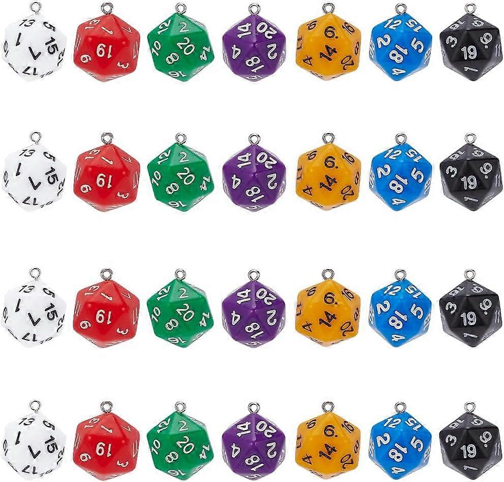 28Pcs 7 Colors Dice Charm Polyhedral Dice Charms Polyhedral Dice Charms Bulk 20-Sided Faceted Game Dice with Loop Acrylic D20 Colorful Small Resin Cha