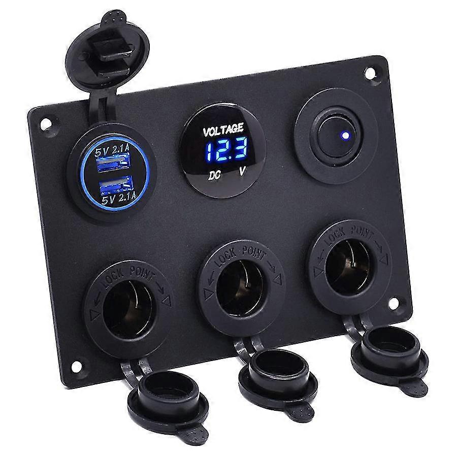 6 in 1 Multifunktions-Panel 12V Buchse Dual USB Ladegerät Blau Led Voltmeter Wippschalter Auto Zigarettenanzünder Panel