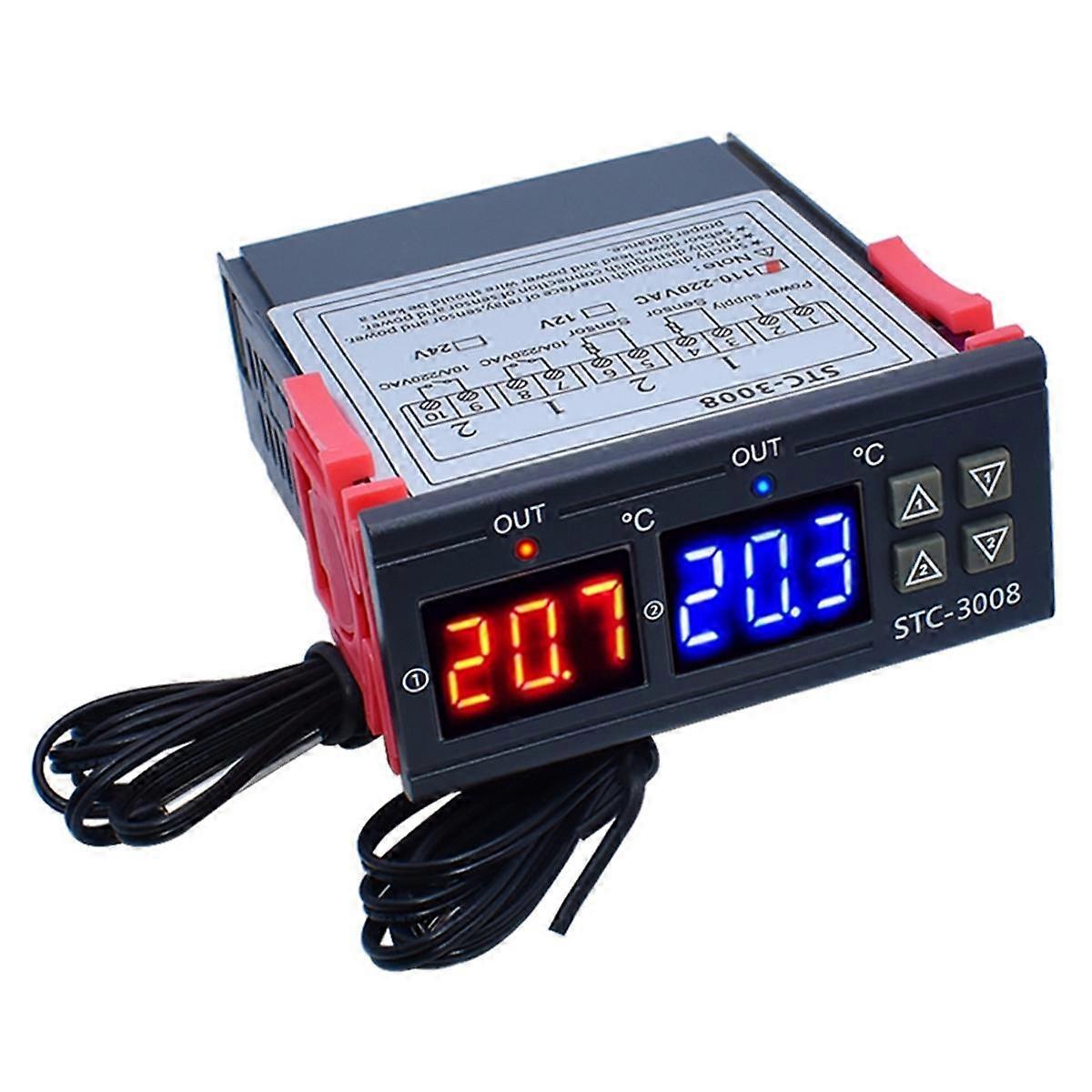 Dual Digital STC-3008 Temperature Controller Two Relay Output Thermostat Heater with Probe Temperat