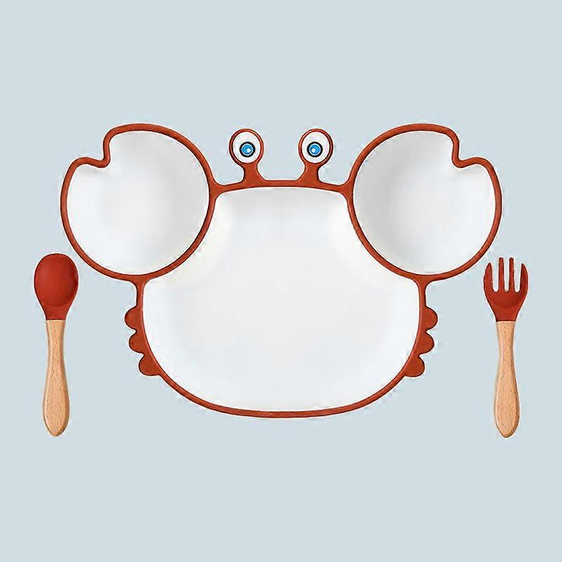 Dww-Ensemble de trois pices de deux tons brun dessin anim crabe diviseur plaque ttine bol complment alimentaire vaisselle bb assiette fourchette cuill