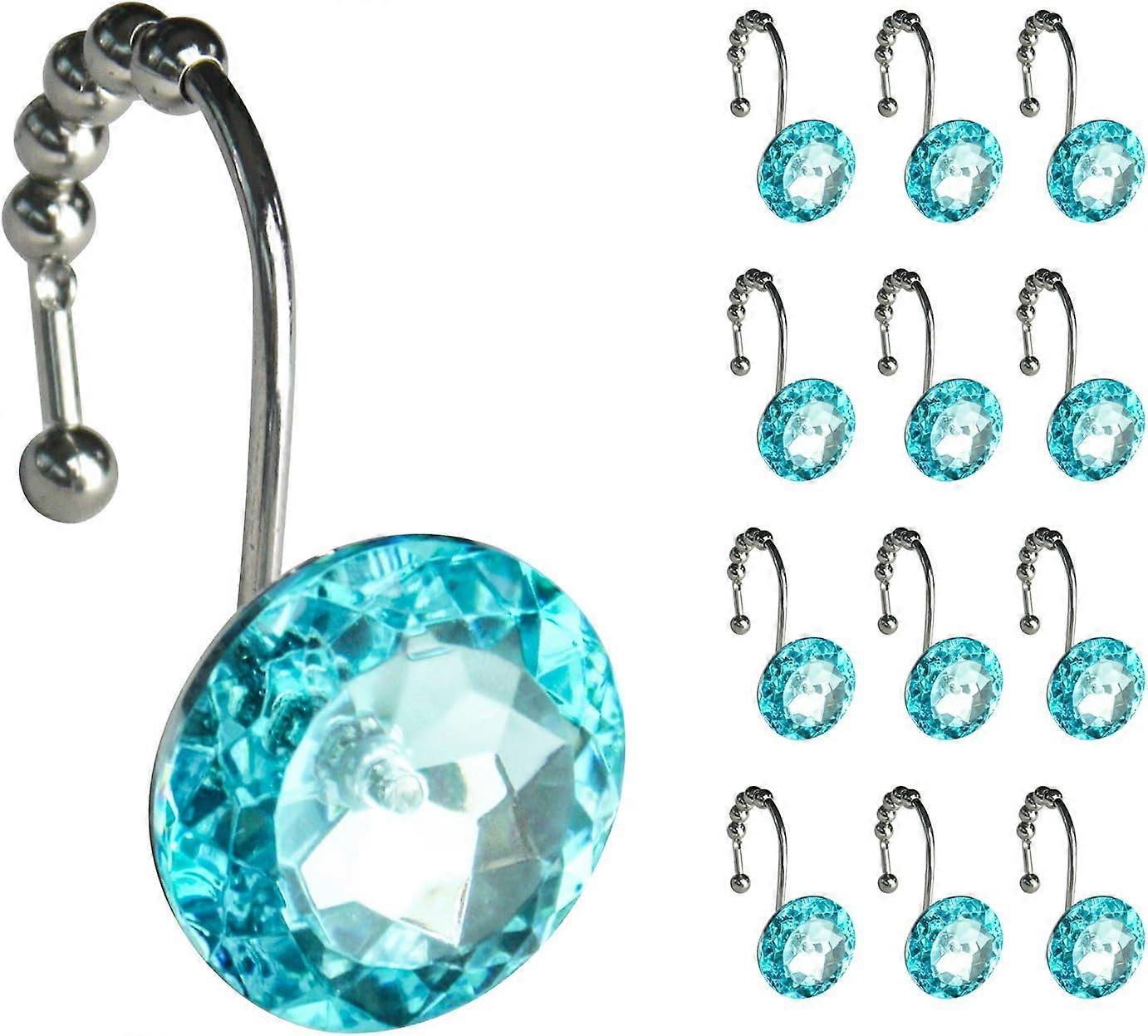 Luxury Design Round Teal Diamond Crystal Gem Bling with Glide Balls Shower Curtain Hooks for Mermaid Shower Curtains, Rust Proof Metal Rhinestones Gla
