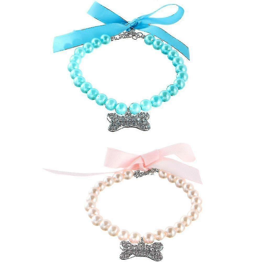 2 Pcs Dog Cat Pearl Collar Colar com osso de strass, colar de noiva de gato chique joias de joias