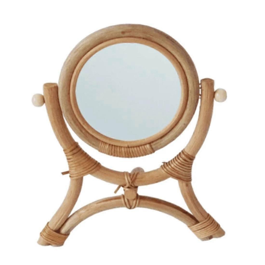 Hand Woven Table Makeup Mirror With Stand Rack Vertical Flip Round