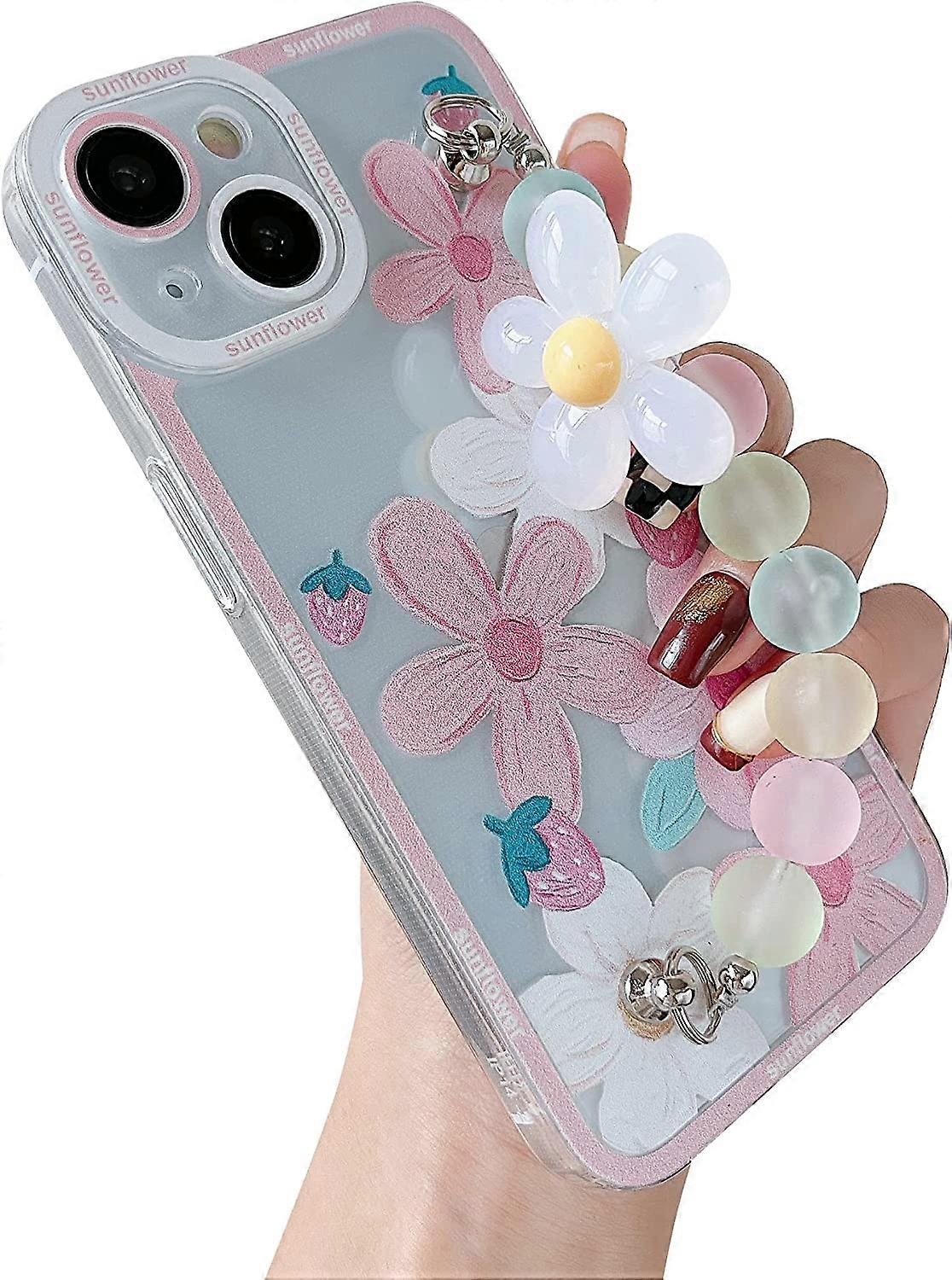 Pulseira bonito flor pulseira pulseira sorriso rosto macio compatível com iPhone Case para mulheres meninas (rosa, iPhone 14 Pro Max)