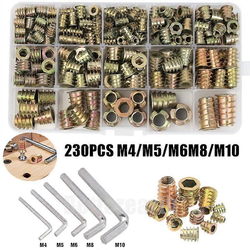 230PCS Assorted Flanged Hex Drive Head Furniture Nuts M4 M6 M8 M10 Zinc alloyl Thread hexagonal wrench Set For Wood Insert Nut