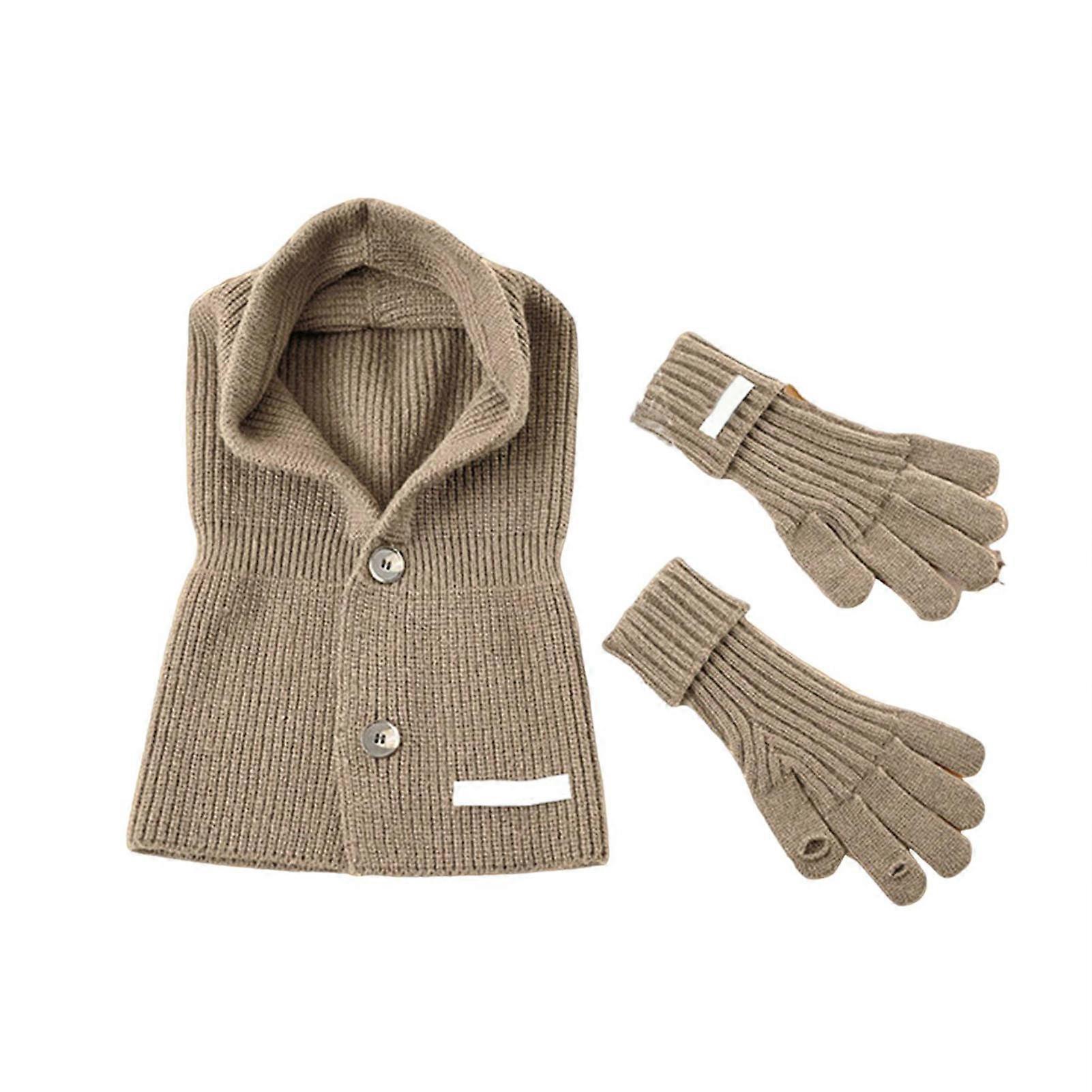 1 Set Women Winter Hat Gloves Set Knitted Solid Color Button Closure Elastic Scarf Integrated Head Neck Protection Balaclava Cycling Five Finger Glove