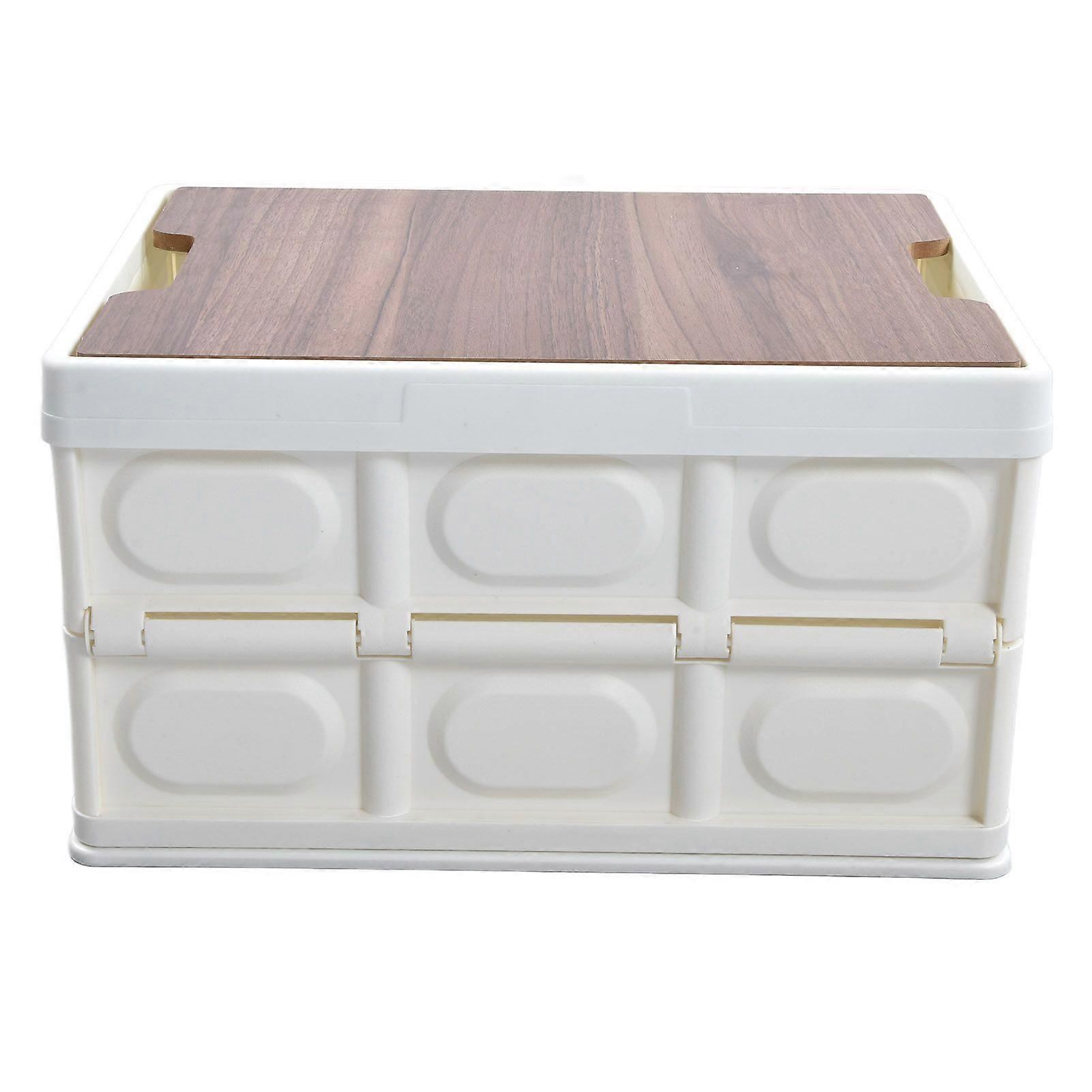 Large Capacity Foldable Storage Box with Wood Lid Stackable Collapsible Home Crate White
