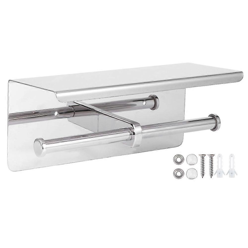 Double Toilet Paper Holder Stainless Steel Paper Rack Phone Storage Shelf Bathroom Use