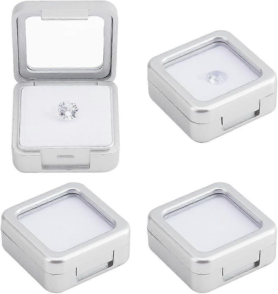 4 Pcs Silver Gemstone Display Box 1.57x1.57x0.67 inch Square Jewelry Box with Clear Glass Top Lids for Gift Wrapping Displaying Gemstones Crystal Diam